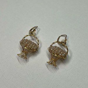 Vintage 14K Gold Faux Pearl Basket Earrings